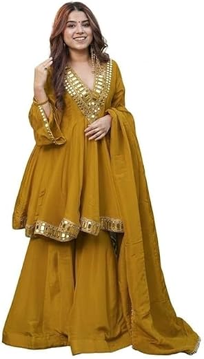 Designer Ivory Ethnic Sharara Suit for Women with Mirror Work Layered Anarkali Gown Style Kurta Embroidered Dupatta Festiv...