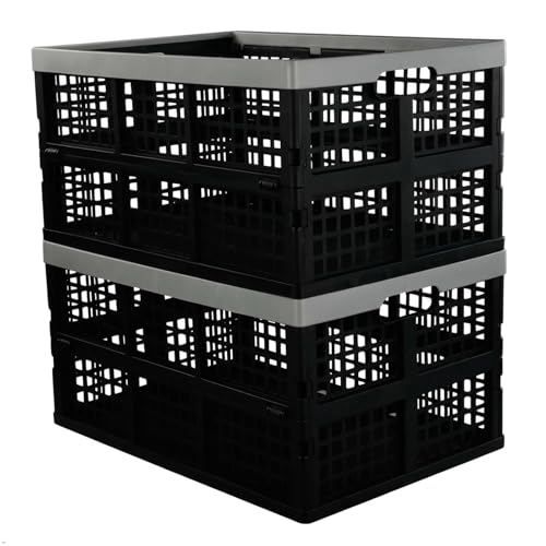 Hommp 2-Pack 42 L Plastic Collapsible Storage Crates, Large Stackable Storage Container Basket, Folding Crates Storage