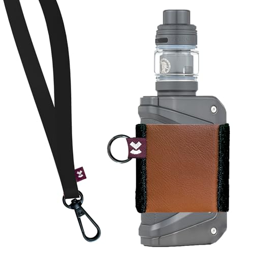 VCASE Leather Vape Holder Comfortable Design for E Cigarette High-Strength Elastic (Brown Holder/Black Lanyard XL)