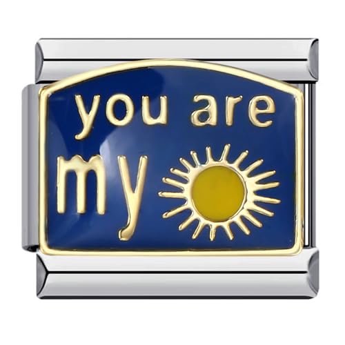 Mon & Sons Gold Blue You Are My Sunshine Love Silver Italian 9mm Link Stainless Steel Bracelet Charm Compatible With 9mm Link