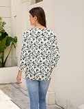 Enqoole Bluzka damska dekolt w serek, rękaw 3/4, tunika, elegancka koszulka z długim rękawem, biznesowa, casualowa, luźna koszulka, wzór w kwiaty, L