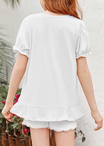 Saudacdn Cute Summer T Shirts For Teen Girls Short Sleeve Ruffle Crewneck Tops Casual Loose Soft Tees White #TOP4