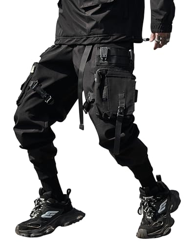 MFCT Techwear Streetwear Men's Cargo Pants with Straps (Black-440, Medium)