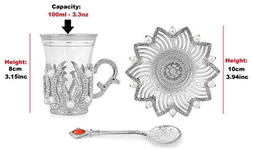 Coppereagles Glass Coffee Or Tea Cups Drinking Glasses Turkish Tea Cup (Silver-Red Stone) #TOP2