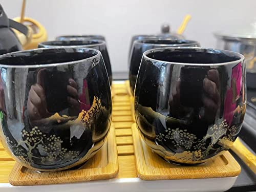Japanese Tea Set, Black Glazed Tea Set in Gift Box With 1 Teapot, 1 Tea Strainer, 1 Tea Tray and 6 Tea Cups. Ideal Tea Set for Office Home, Asian Tea Sets for Tea Lovers(Landscape Black and Black Cup) by JUWNMANT - Used condition - Image 6