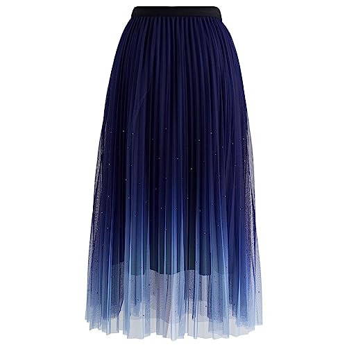 CHICWISH Women's Navy Glitter Embellished Pleated Mesh Tulle Skirt2