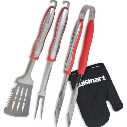 Cuisinart Juego de barbacoa de 3 piezas: espátula, tenedor y pinzas de acero inoxidable con mango largo, guante resistente al calor, utensilios de barbacoa ideales para barbacoas