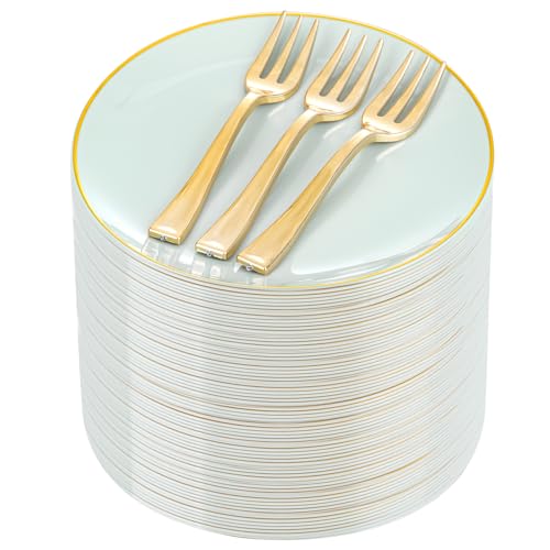 Festiva 200Pcs Pale Sage Green Gold Cake Plates 6.3