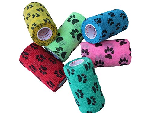 Image of Prairie Horse Supply 4 Inch Vet Wrap Tape Bulk (Paw Prints Variety) (Pack of 12) Self Adhesive Adherent Adhering Flex Bandage Grip Roll for Dog Cat Pet
