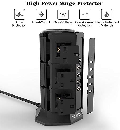 Tower Extension Lead, BEVA Multi Plug Socket 12 Way Outlet Surge Protector Power Strip Electric Charging Station with 5 Smart USB Charger(5V/4.5A), 2M Extension Cords for Home and Office