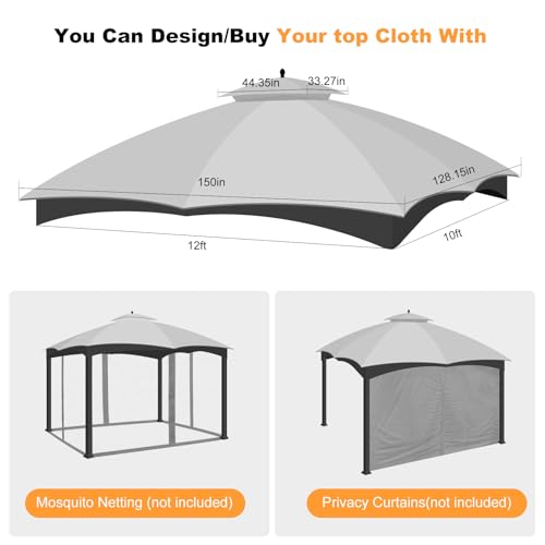 10 x 12 Replacement Gazebo Canopy Top for Lowe\'s Allen Roth Gazebo, Double-Tier Gazebo Roof Cover with Air Vent,Heavy Duty Canopy Roof Gazebo Top 10X12 Gazebo Cover (Grey) - Thumbnail 5