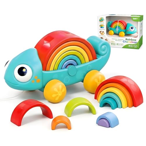 ROHSCE 2-in-1 Rainbow Stacker & Pull-Along Chameleon Toy for Toddlers 18-36 Months, Montessori-Inspired Nesting Arch Stacking Toy, Push & Pull Sensory Learning Toy, Christmas Birthday Gift by ROHSCE - Used condition - US$12.05