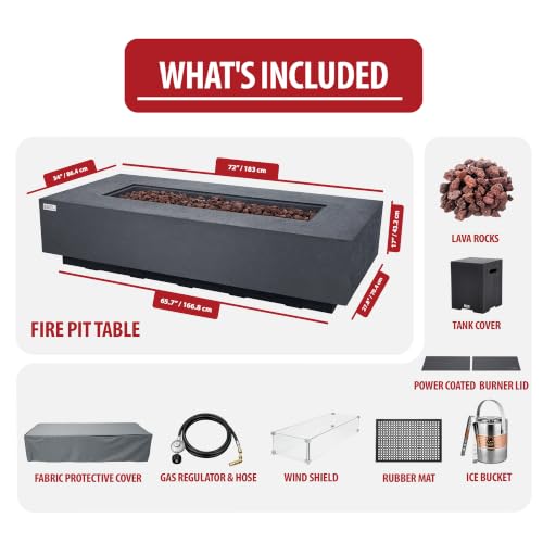 Image of AMS Creations | Savanah 72 inch Bundle Rectangular Cast Concrete Propane Gas Fire Pit Table | Dark Gray | Travertine Texture Surface | Electronic Ignition | Outdoor Patio Heater Outside Backyard Fireplace