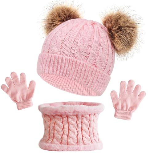 3Pcs Kids Beanie Hat Scarf Gloves Set, Toddler Winter Hat with Pom Warm Knit Neck Gaiter Fleece Lined Thermal Sets for Girls