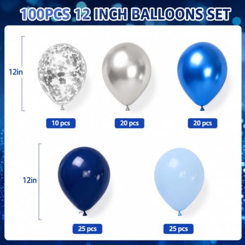 Image of 100PCS Blue Silver Balloons Set, Blue Balloons Metallic Blue Balloon Kit | 12 Inch Blue and Silver Balloons Dark Navy and Confetti Party Latex Balloon for Birthday Wedding Graduations Party Decoration