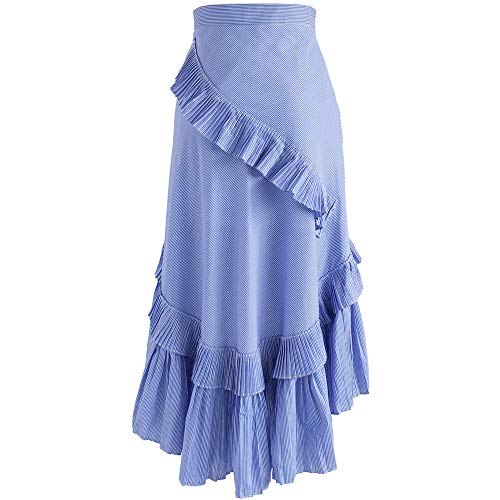 Chicwish Women's Blue Stripes Ruffle Tiered Frill Asymmetric Hem Midi Prom Party Skirt #TOP6