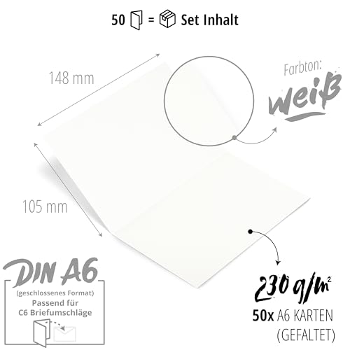 Japun - 50er Set blanko Falt-Karten - Klapp-Karten zum gestalten, beschriften oder bedrucken - DIN A6 - weiß