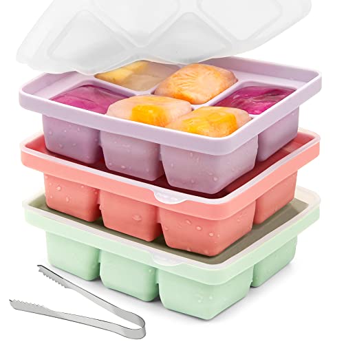 COITEK - 2025 Ice Cube Tray with Lid and Tong, 3Pack Silicone Large Ice Cube Molds BPA Free，Silicone Freezer Trays Flexible Stackable and Easy-Release Containers for Food, Drinks，Souper