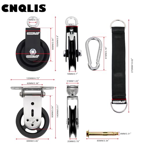CNQLIS Gym Pulley Blocks,Cable Pulley 3.54in/90mm Gym Wheel with Hanging Straps and Carabiner, 3.46in Wall Mount Fixed Pulley Wheel Rotation 180 Degree, DIY Fitness Pulley,Home Gym Equipment