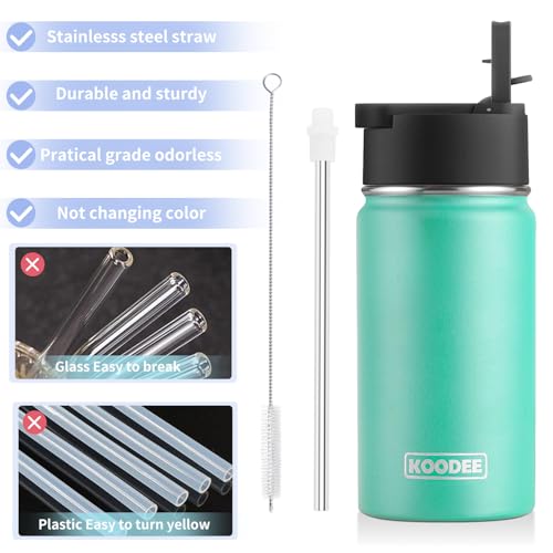 Image of koodee Water Bottle-12 oz Stainless Steel Double Wall Vacuum Insulated Water Bottle for School-Wide Mouth Flask with Straw Lid (Teal)