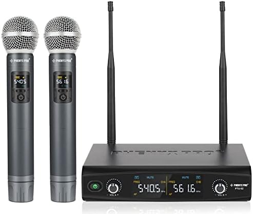 Phenyx Pro Wireless Microphone System, Metal Wireless Mic Set with Case,Handheld Cordless Dynamic Microphones for Singing, Karaoke, Church, DJ, 2x30 UHF Adjustable Frequencies, 200ft Range (PTU-52)