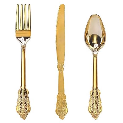 300pc Gold Heavy Duty Plastic Utensil Set showing fork knife and spool with vintage detail