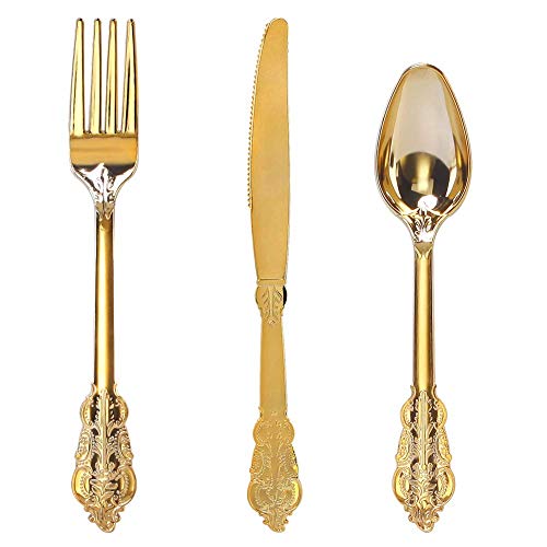 WDF 300 Pieces Gold Plastic Silverware Disposable - Heavy Duty Plastic Cutlery - Gold Silverware Sets Includes 100 Forks, 100 Spoons, 100 Knives for Valentine's Day