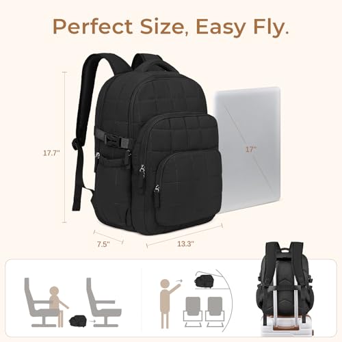 Image of CLUCI 17.3 Inch Laptop Backpack for Women, Anti Theft Travel Backpack, Puffer Quilted Work Backpack, Water Resistant College Bookbag, Carry on backpack with RFID (Black)
