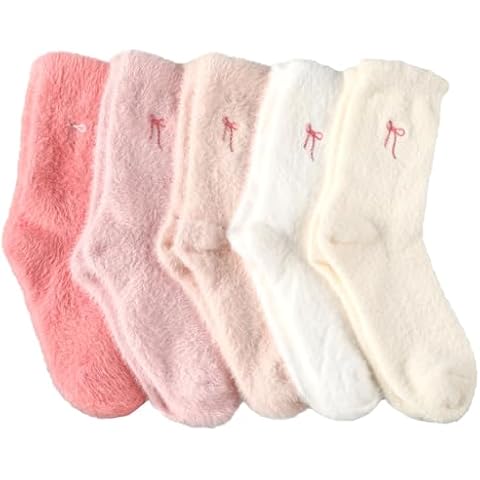 Geyoga 5 Pairs Women's Fuzzy Socks Valentine's Day Cozy Gift Soft Slipper Sock Coquette Stuff Fluffy Thick Spa Home Sleeping(Gradient Pink,Bow) Cover