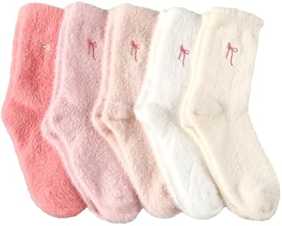 Geyoga Bow Fuzzy Socks for Women – 5 Pairs Gradient Pink Fluffy Slippers with Cute Bow
