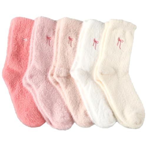 Geyoga 5 Pairs Women's Bow Fuzzy Socks Winter Soft Slipper Socks Coquette Stuff Fluffy Thick Spa Home Sleeping