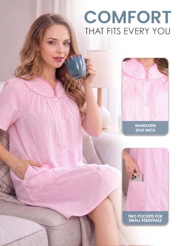 Image of Casual Nights Women's Snap - Front House Dress Short Sleeve Woven Housecoat Duster Lounger Robe with Pockets