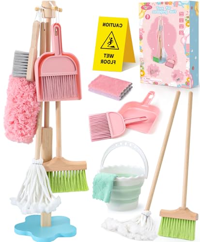 Atoylink Set Limpieza Juguete de Madera para Niños, 9 Piezas Juego de Limpieza con Escoba Recogedor Fregona Cepillos, Juguetes Educativos para Niños 3 4 5 6 Años