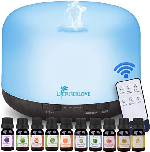 Diffuserlove Essential Oil Diffuser 500ML Ultrasonic Aromatherapy Diffuser Mist Humidifiers with Mute Design, Timer and Waterless Auto Shut-Off, 7 Color LED Lights for Office Home Bedroom