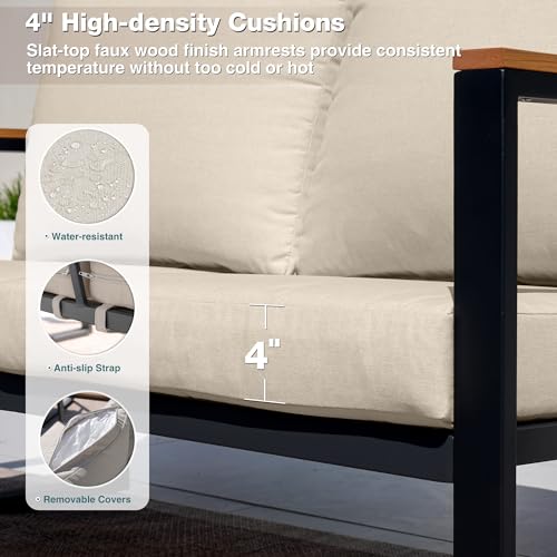 COMLAX FIELD Patio Furniture Set, 4 Pieces Outdoor Patio Furniture with Coffee Table Set, Metal Patio Conversation Sets with Washable and High-Resiliency Sponge Cushions, Upgarded Beige - Thumbnail 4