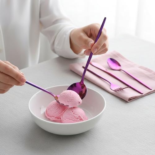 Image of 20 Pcs Pink Cutlery Set for Dining Table the Perfect Lightweight Silim Handle Tableware Including Dinner Spoon, Dinner Fork, Dinner Knife, Dessert Spoon & Dessert Fork