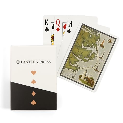 Lantern Press Outer Banks, North Carolina, Lighthouse and Town Map, 52 Playing Cards for Adults, Poker Size Card Deck