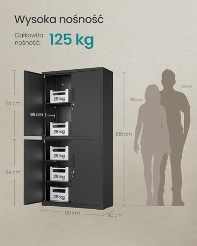 SONGMICS Metalowa szafka garażowa, wielofunkcyjna szafka na dokumenty z 4 drzwiami i 5 półkami, 40 x 80 x 180 cm, zamykana, z 2 zamkami, regulowanymi półkami, matowa czarna OMC016B01