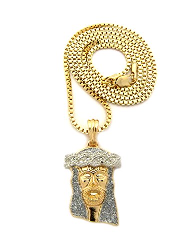 Sparkled Micro Crown Jesus Face Pendant 2mm 24" Box Chain Necklace Gold Silver Tone MMP89GRBX