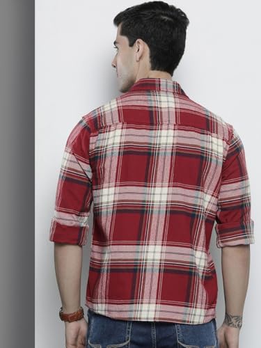 Image of The Indian Garage Co Men Regular Fit Checkered Full Sleeves Spread Collar Double Flap Pocket Casual Over Shirt