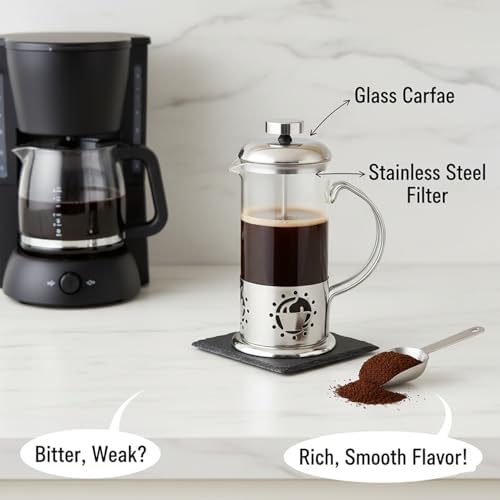 Single Serve French Press Coffee Maker - 12 oz Glass & Stainless Brewer - 3