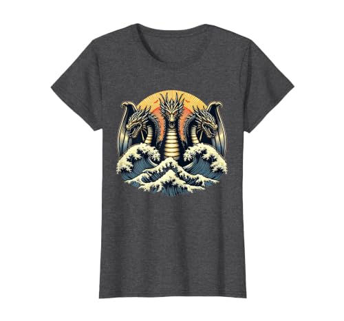 Japanese Dragon King Ghidorah Great Wave Off Kanagawa Sunset T-Shirt, Women, Dark Heather Grey, Medium