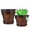 Plant Planters Pots Set of 4 Pack 8 Inch Plastic Flower Pot for Indoor Plants with Drainage Holes Trays Resin Decorative Container Sets with Saucer for House Outdoor Garden Planters Copper