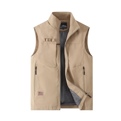 MeiLayM Homme Gilet de Pêche Plein Air Léger Respirant Veste de Sport à Séchage Rapide Veste Multi-Poche Gilet Camping Chasse Sans Manche Kaki,3XL