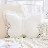 XVTRU Butterfly Pillow White Decorative Pillows 15' Butterfly Shaped Cute Throw Pillows with Lace Aesthetic Bow Plush Cushion for Room Decor Bed Sofa Couch