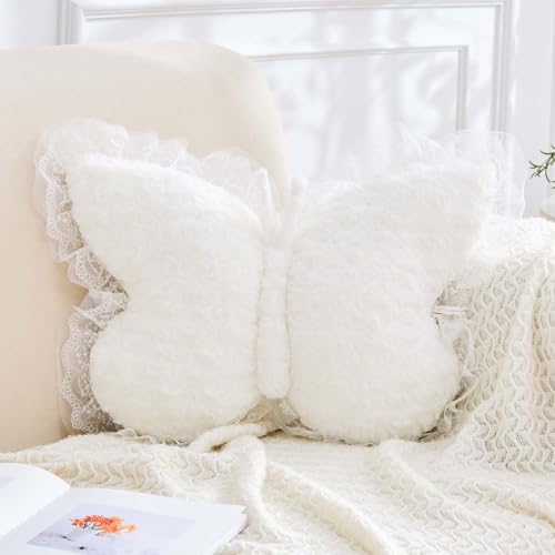 XVTRU Butterfly Pillow White Decorative Pillows 15" Butterfly Shaped Cute Throw Pillows with Lace Aesthetic Bow Plush Cushion for Room Decor Bed Sofa Couch