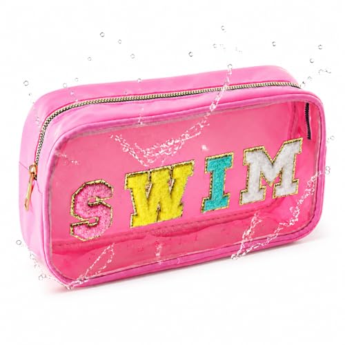 TRIP TIGER Sunscreen SPF Makeup Bag with SWIM Chenille Letters,Waterproof Women Clear PVC Cosmetic Bags Sunblock Organizer for Pool Swimming Team Swimmers,Travel Toiletry Beach Sun Pouch