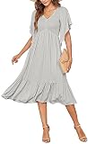 PYGFEMR Women's 2023 Summer Dresses Empire Waist Smocked Flutter Short Sleeve V Neck Midi Dresses Gr