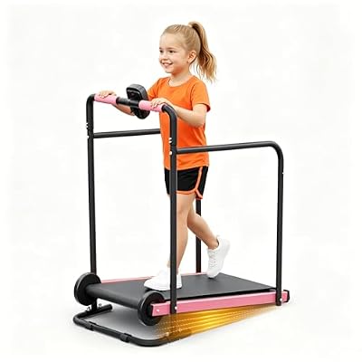 AKLUER Kids Walking Pad Treadmill - Non-Electric Indoor Exercise Equipment for Boys & Girls, Self-Propelled Fitness Toy with Front Padded Rails, Safe Active Play Gym for Home Use, Pink