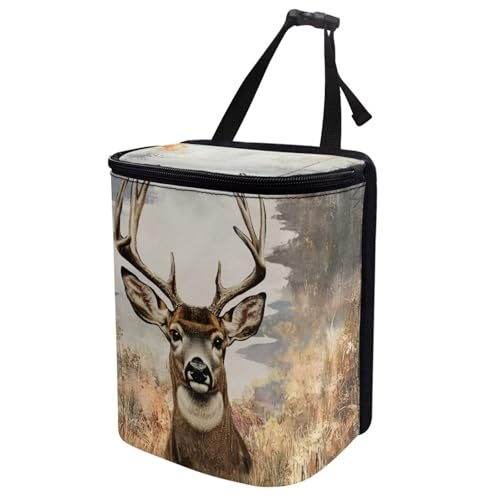 Image of Talayituse Deer Forest Print Car Trash Bin, Large Size Auto Trash Can Adjustable Portable Garbage Can with Lid, Vehicle Hanging Bag for Headrest Front Back Seat